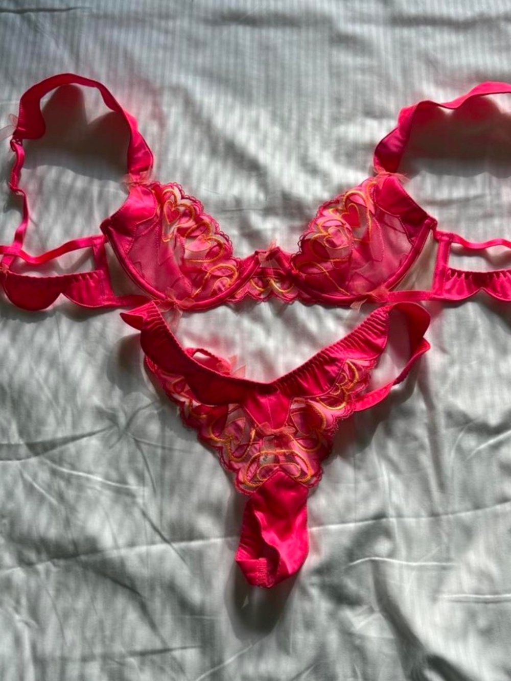 For Love & Lemons Hot Pink Heart Embroidered 2-Piece Lingerie Set